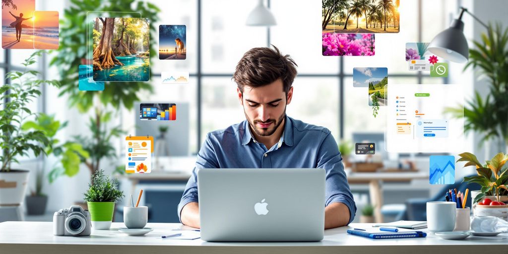 Person blogging in a bright, modern workspace.