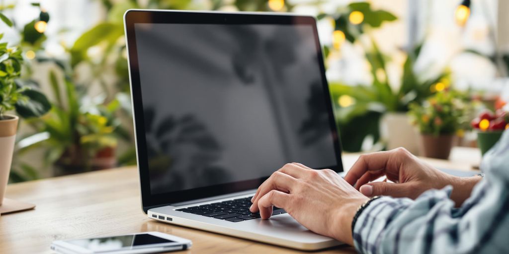 Person typing on a laptop in a cozy workspace.