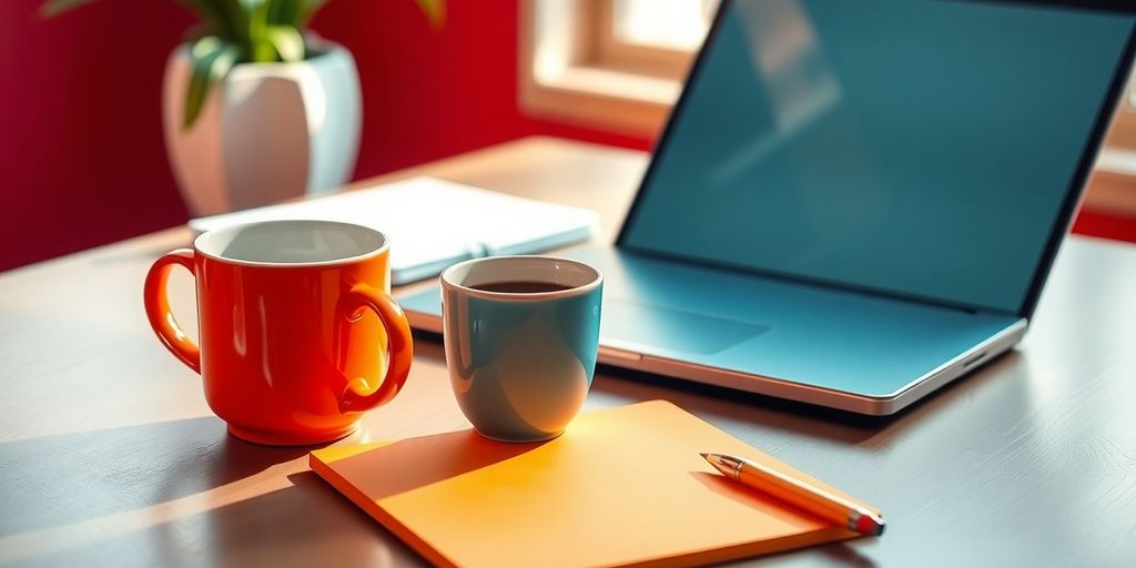 A workspace with a laptop, coffee cup, and notepad.