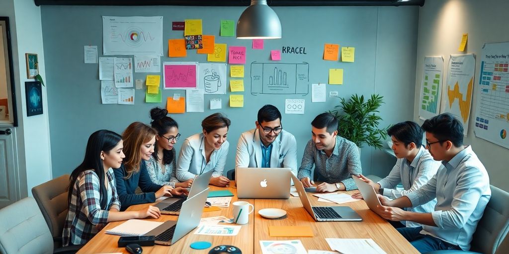 Team of marketers collaborating in a vibrant workspace.