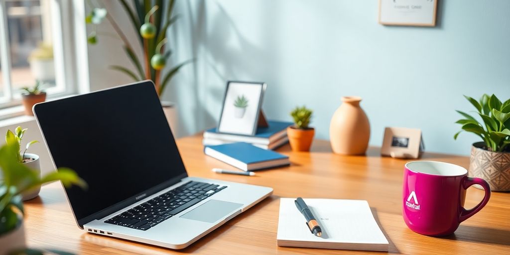 Laptop and coffee cup on a creative workspace desk.