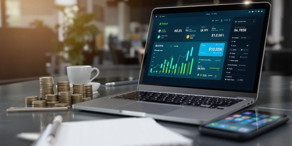 Laptop with finance dashboard and coins on desk.