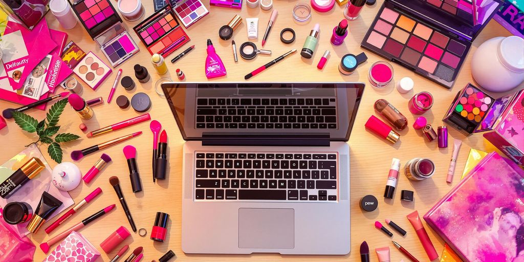 Flat lay of beauty products and a laptop.