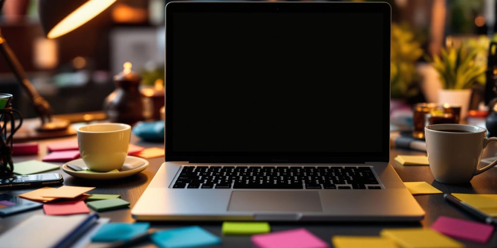 Laptop with sticky notes and coffee on a desk.