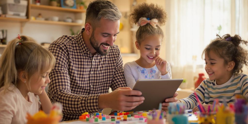 Parent with children exploring AI tools at home.