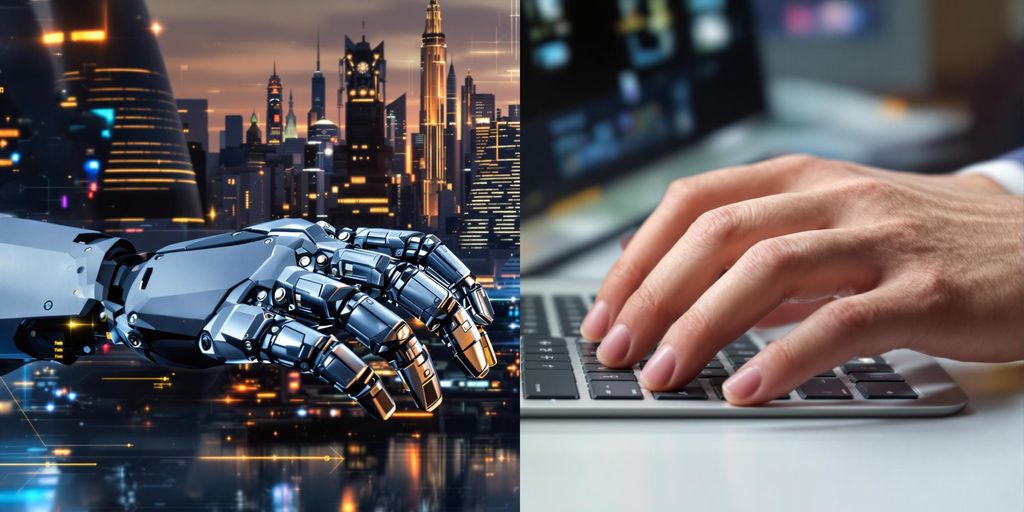 Robotic and human hands typing on a keyboard.