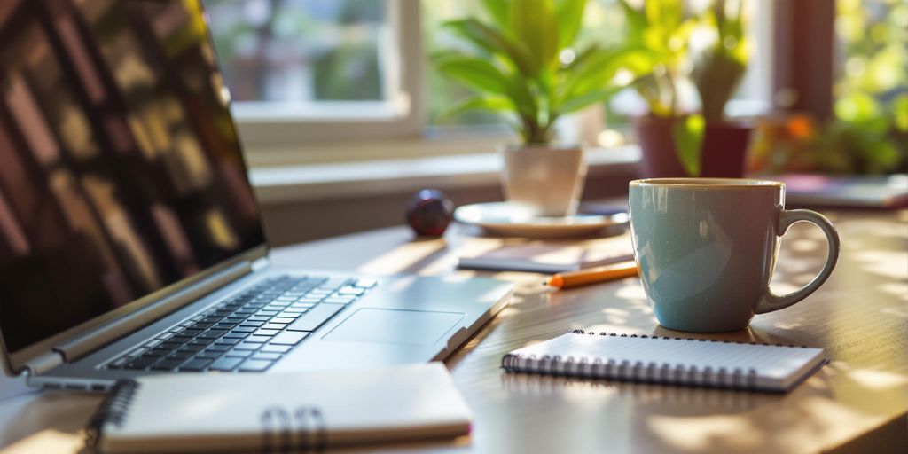 Colorful workspace with laptop and coffee cup.